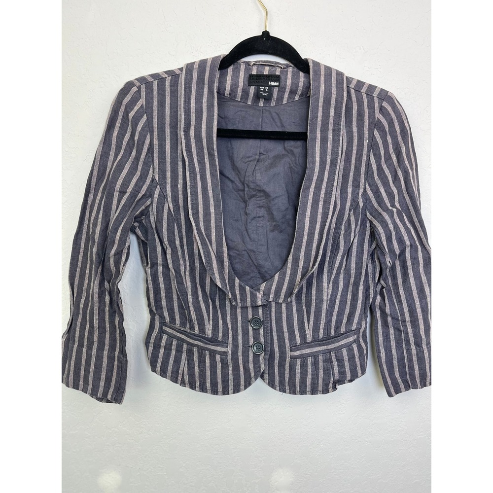 H&M Striped Blazer Jacket Women US 6 Gray Linen‎ Blend Cropped Style